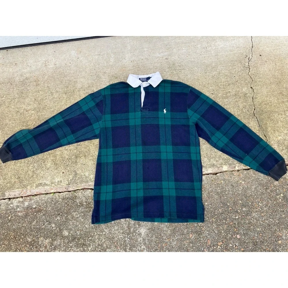 RARE Polo Ralph Lauren Black watch Plaid Rugby Shirt Soft Med Vtg Made In USA